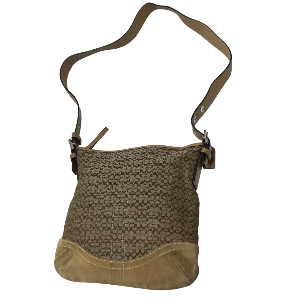 Coach Signature Jacquard Crossbody Bag Brown Khaki Canvas Suede Trim L052-3574
